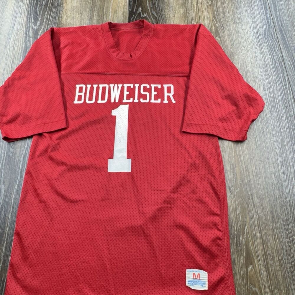 Vintage Budweiser Jersey Mens M Red Champion Beer 70s USA Nylon Bar League Party